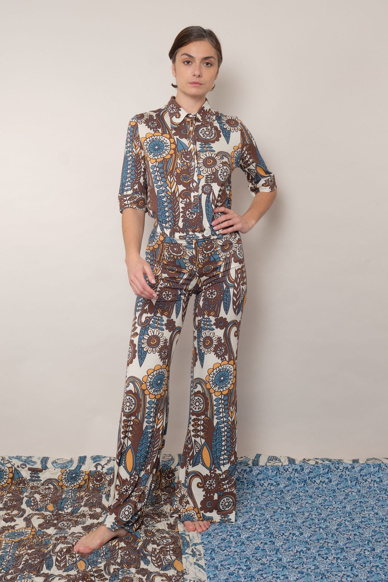 la prestic ouiston Polo LAUREN – Fiori bleu Taupe